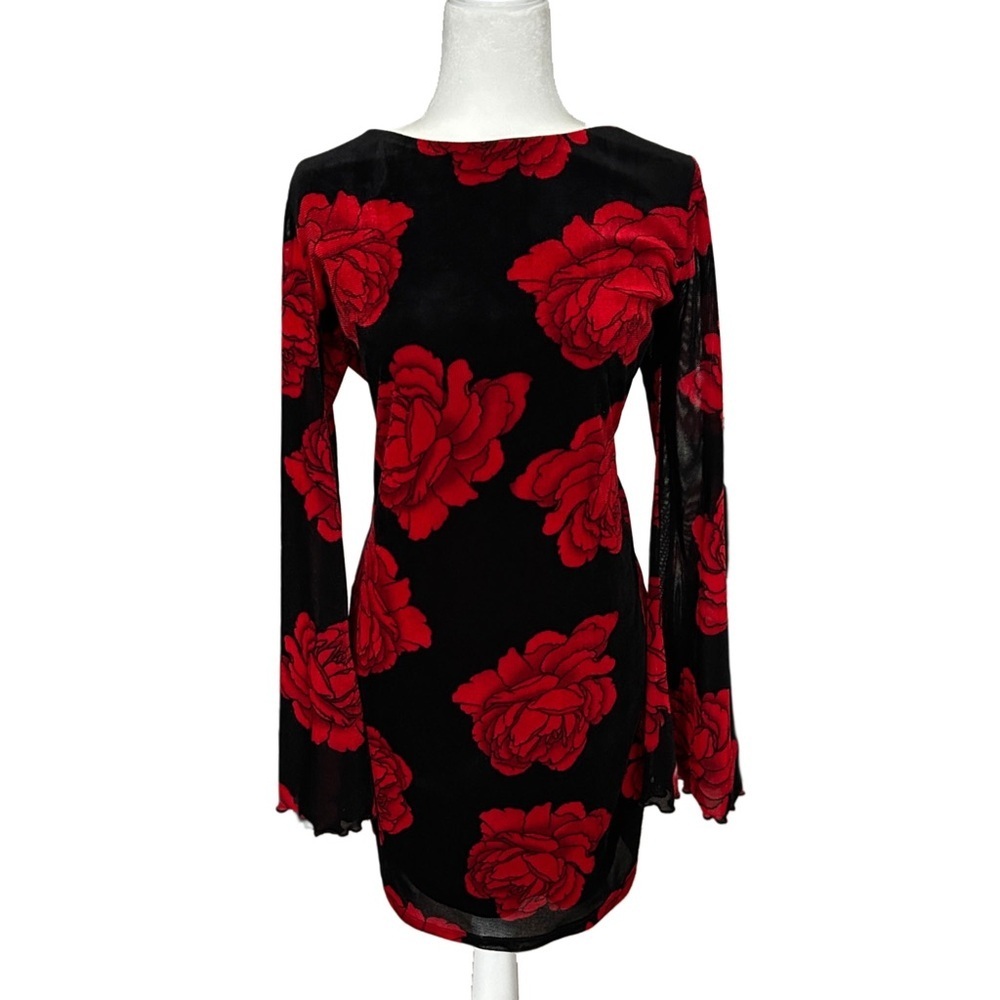 Thirty Thirty LA Black Red Floral Mesh Bell Sleeve Bodycon Mini Dress Size XL